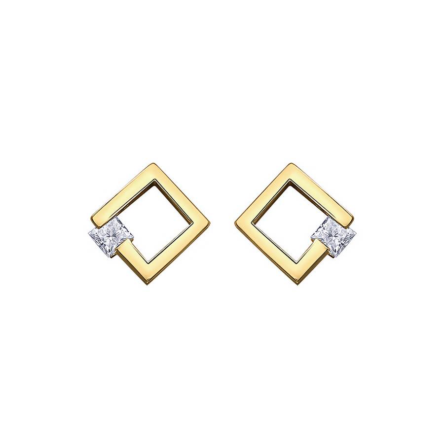 14k Yellow Gold Square Shaped Diamond Earrings