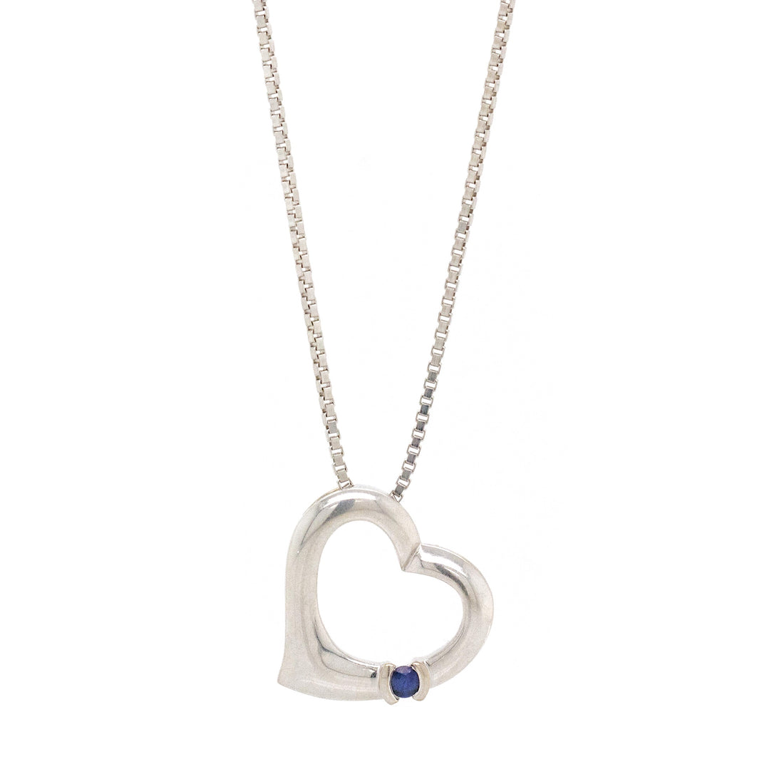 14k White Gold Blue Sapphire Heart Necklace