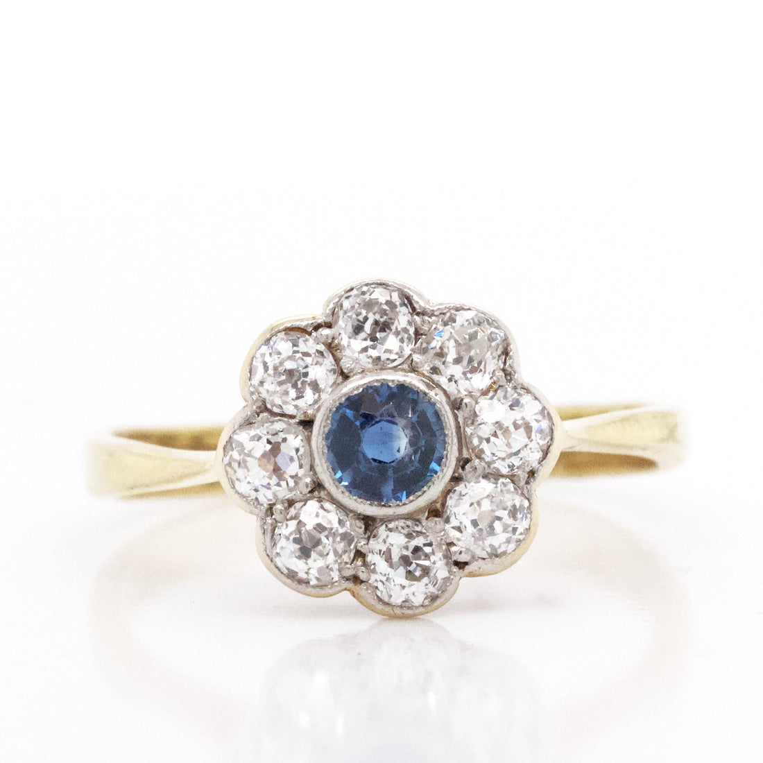18k White & Yellow Gold Blue Sapphire & Diamond Flower Ring