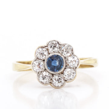 18k White & Yellow Gold Blue Sapphire & Diamond Flower Ring