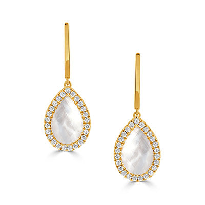 18K Yellow Gold Quartz & Mother Of Pearl White Orchid Earrings