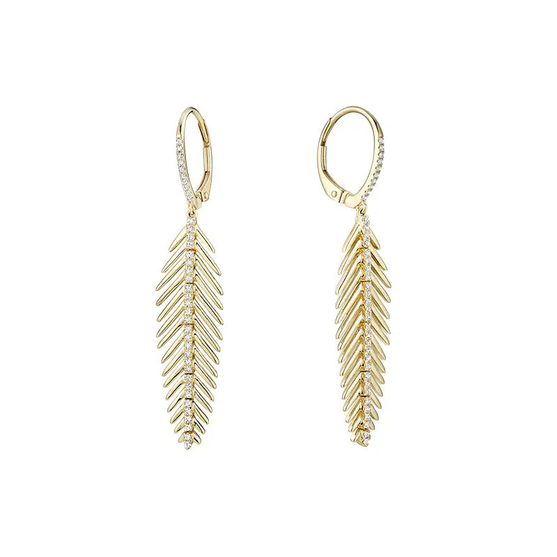 14k Gold & Diamond Leaf Dangle Earrings