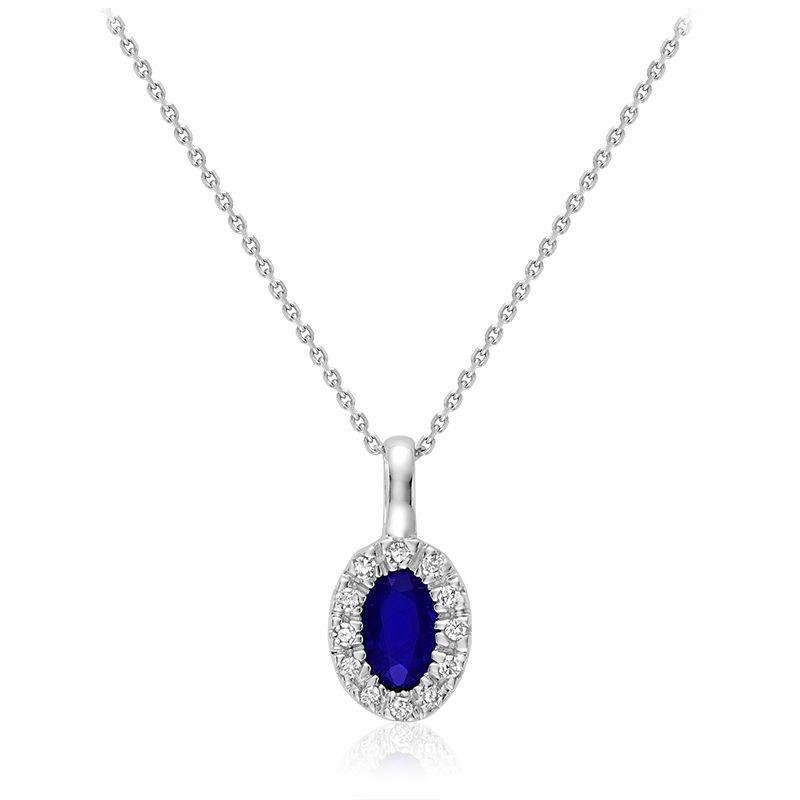 RNB 10K WHITE GOLD BLUE SAPPHIRE DIAMOND HALO NECKLACE - Appelt's Diamonds