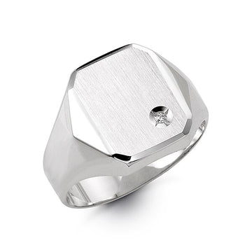 10k White Gold Hexagon Signet Ring with Cz