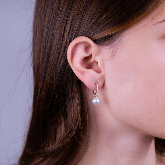 10k Gold White Pearl 0.12ctw Diamond Drop Earrings