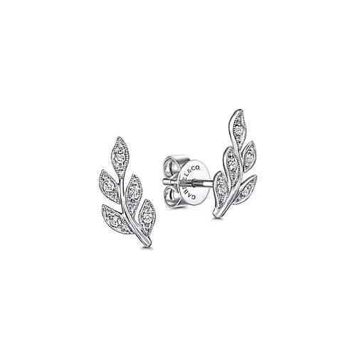 14k White Gold Diamond Leaf Earrings