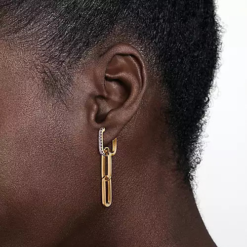 14K Yellow Gold Diamond Paperclip Drop Earrings