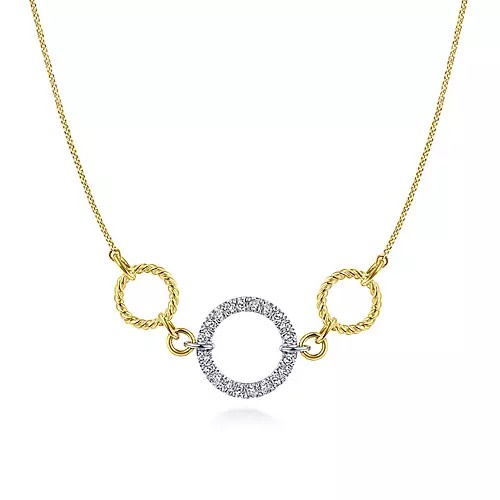 14K Yellow-White Gold Twisted Rope and Pavé Diamond Circle Necklace