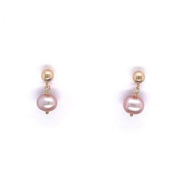 10k Yellow Gold Freshwater Cultured Pink Pearl Drop Stud Earrings