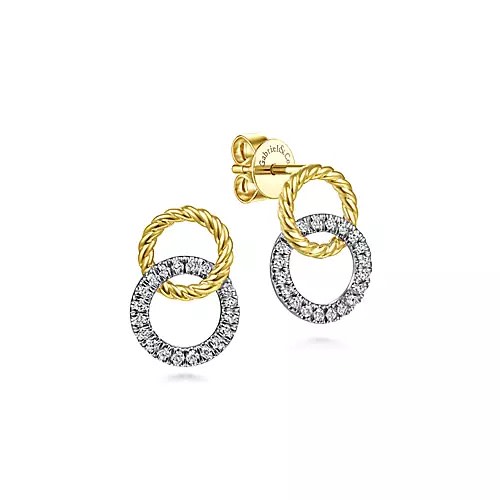 14K Yellow & White Gold Open Circle Diamond Earrings