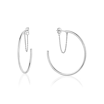 Silver Large Hoop with Safety Chain Earrings